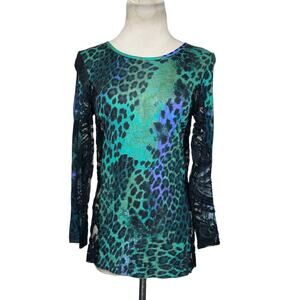 Emilio Pucci Green Purple Animal Print Lace Detail 3/4 Sleeve Top Sz US 6